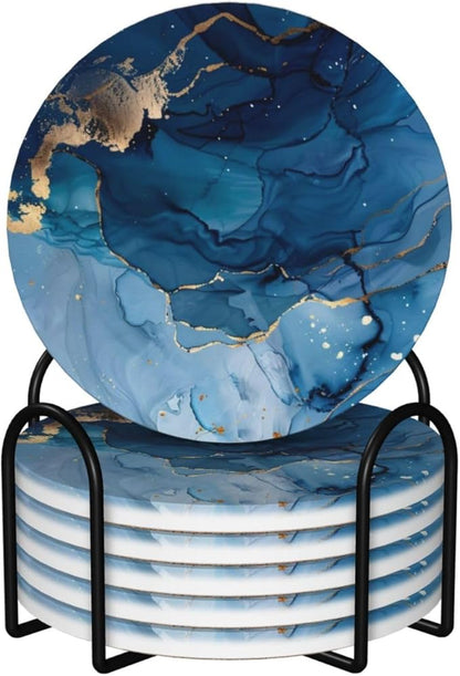 6 Pcs Ceramic Coasters with Holder Absorbent Drink Round Navy Blue Gold Marble Agate Style Design for Home Table Coffee Cup Wine Beer Bar,Size 4.4 inches
