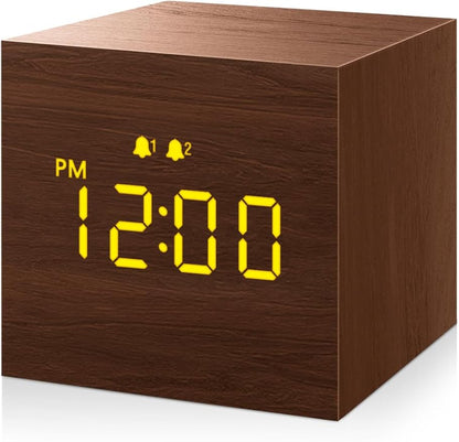 Digital Alarm Clock, with Wooden Electronic LED Time Display, 3 Alarm, 2.5-inch Cubic Small Mini Wood Made Electric Clocks for Bedroom, Bedside, Desk, Brown