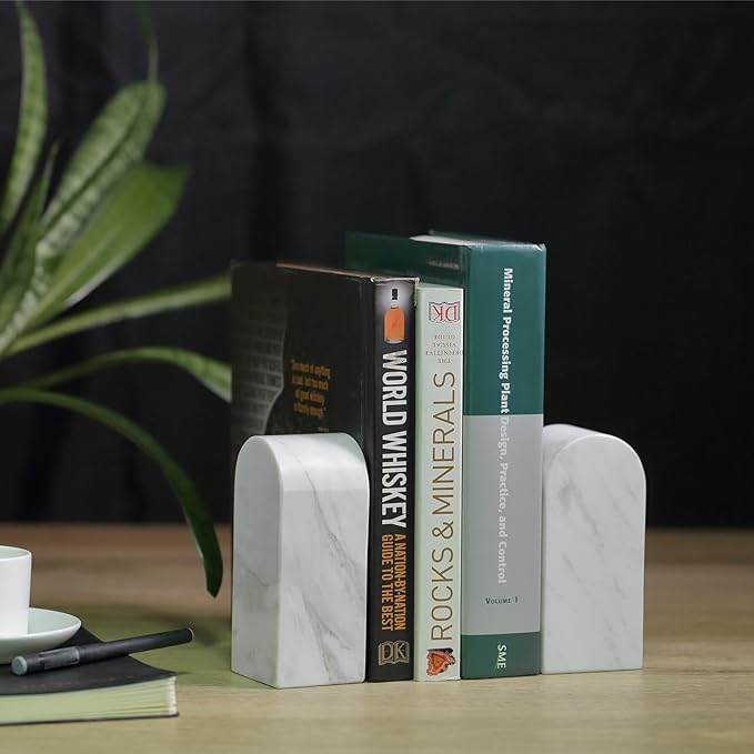Koville Luxury Greek Marble Bookends for Shelves, Decorative Book Ends, 7lbs Heavy-Duty Marble Book Holders, Bookshelf Apartment Decor for Normal Books/CD/Video Games(Volakas)