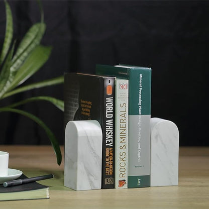 Koville Luxury Greek Marble Bookends for Shelves, Decorative Book Ends, 7lbs Heavy-Duty Marble Book Holders, Bookshelf Apartment Decor for Normal Books/CD/Video Games(Volakas)
