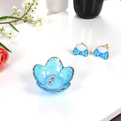 Flower Shape Ring Dish Jewelry Tray Organizer, Glass Accent Tray for Vanity, Small Decorative Trinket Dish, Crystal blue