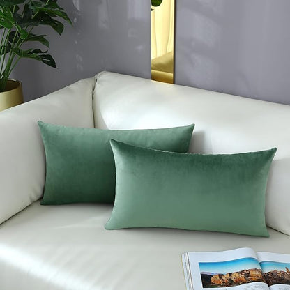 mixeoo Comfy Sage Green Throw Pillow Covers Decorative Lumbar Solid Rectangle Thick Velvet Super Soft Cushion Cases Home Decor for Sofa Couch Living Room Chair, Set of 2, 12 x 20 Inch