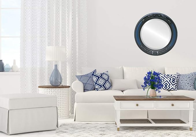 OVALCREST Round Beveled Wall Mirror for Home Decor - Florence Style - Royal Blue - 28x28 Outside Dimensions