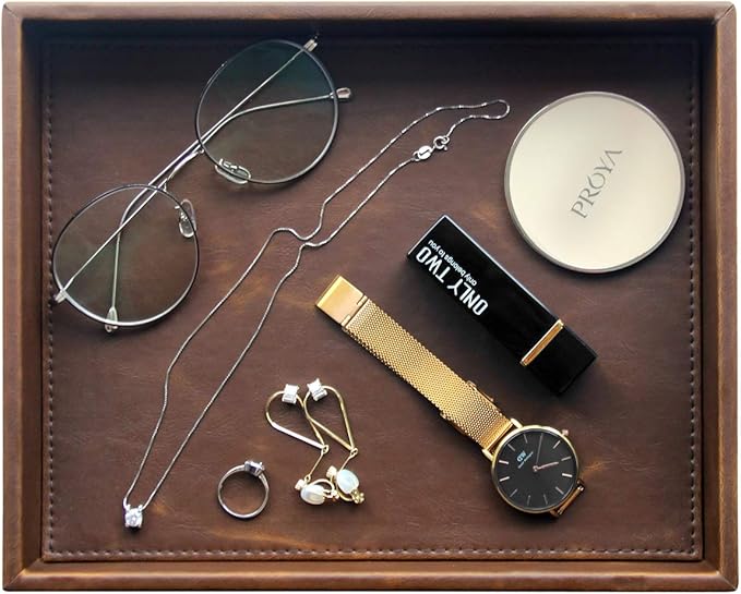 Vixdonos Leather Valet Tray Rectangular Catchall Tray Counter Organizer for Key,Jewelry,Perfume,Glasses and Watches(Brown)