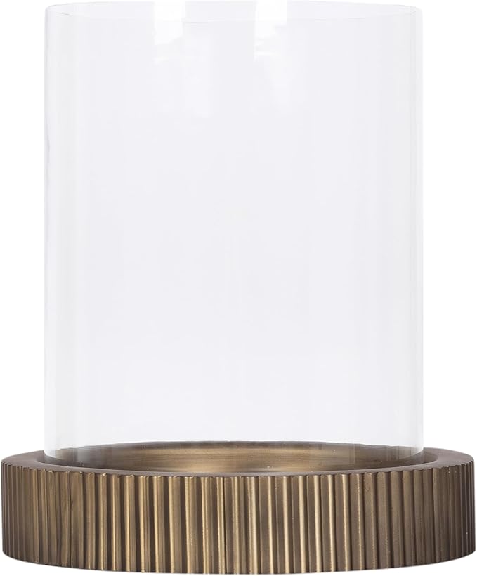 Kate and Laurel Rooks Modern Large Metal Pillar Candle Holder with Hurricane, 10 Inch Diameter, Antique Brass, Transitional Ribbed Oversized Hurricane Candle Holder with Glass Cylinder for Living Room