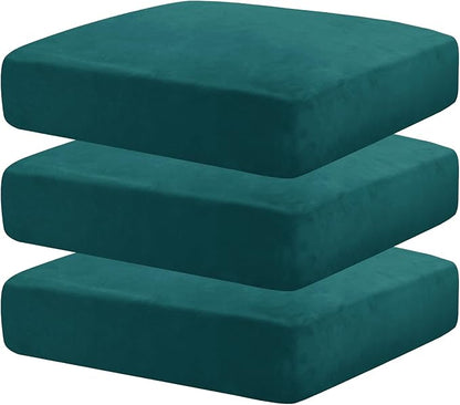 MAXIJIN Velvet Stretch Cushion Covers Fitted Couch Cushion Slipcovers Sofa Seat Cushion Covers for Individual Cushions with Elastic Bottom (3 Piece Sofa Seat Slipcovers, Blackish Green)