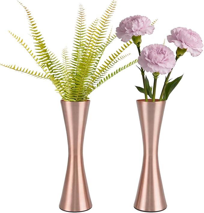 Vixdonos 6.7 inch Brass-Toned Metal Vase Small Flower Vase Set of 2 Modern Decorative Vase for Home Decor, Wedding or Gift(Rose Gold)