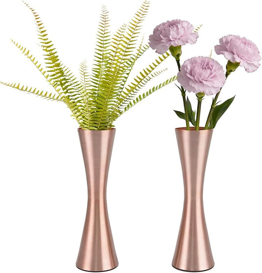 Vixdonos 6.7 inch Brass-Toned Metal Vase Small Flower Vase Set of 2 Modern Decorative Vase for Home Decor, Wedding or Gift(Rose Gold)