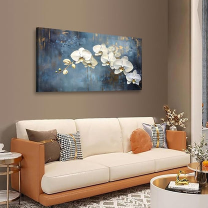 Abstract White Butterfly Orchid Canvas Wall Art for Living room Office Bedroom Flowers Wall Art Print Oil Paintings Modern Blue Gold Rain Mist Pictures Wall Decor Artwork Ready to Hang - 20in * 40inch