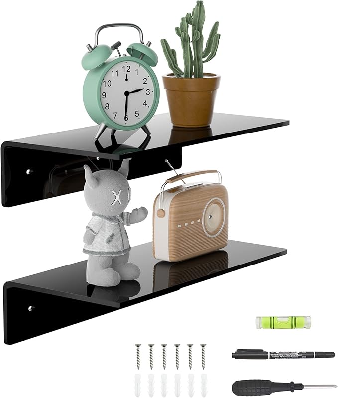 Sezanrpt 12 Inches Acrylic Wall Shelves 2 Pack, Floating Shelf for Wall Mounting, Acrylic Display Ledges for Funko Pop Figures, Home Décor, Living Room, Gaming Room, Plants(12 inch, Black)