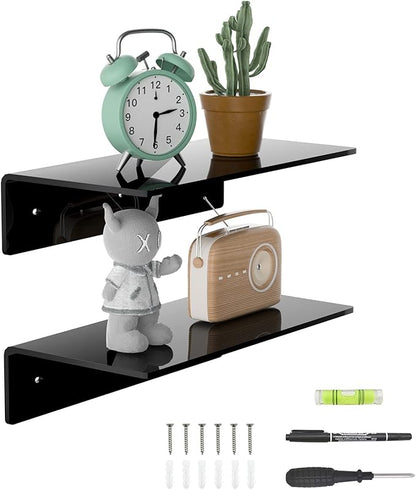 Sezanrpt 12 Inches Acrylic Wall Shelves 2 Pack, Floating Shelf for Wall Mounting, Acrylic Display Ledges for Funko Pop Figures, Home Décor, Living Room, Gaming Room, Plants(12 inch, Black)