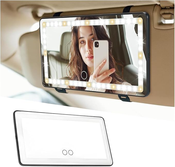 LED Car Sun Visor Vanity Mirror, Dimmable Rechargeable Vehicle Touch Screen Cosmetic Mirror with 3 Light Modes & 60LEDs, Auto Interior Rear View Makeup Accessories, Universal Fit (Black)