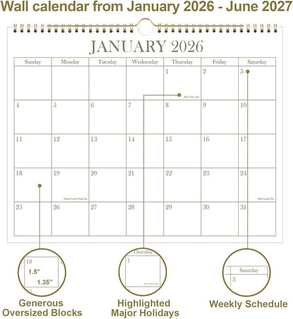 2026 Calendar - 2026-2027 Wall Calendar from January 2026 - June 2027, 18 Months Calendar with Premium Paper, Twin-Wire Binding & Hanging Hook, 8.5" x 11", Golden