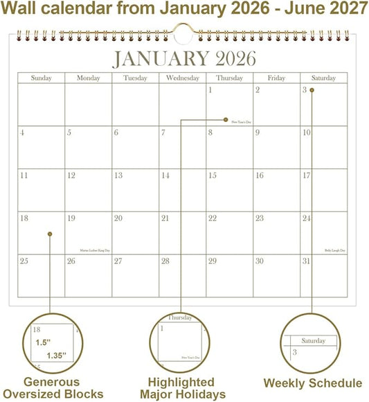 2026 Calendar - 2026-2027 Wall Calendar from January 2026 - June 2027, 18 Months Calendar with Premium Paper, Twin-Wire Binding & Hanging Hook, 8.5" x 11", Golden