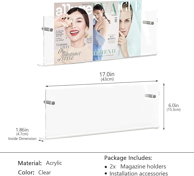 2 Pack Acrylic Magazine Holder,Clear Wall Mounted Magazine Rack Floating Bookshelf for Office,Living Room,Waiting Room Vinyl Record,Book Display Rack(Clear,17 Inch)