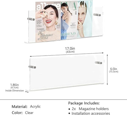 2 Pack Acrylic Magazine Holder,Clear Wall Mounted Magazine Rack Floating Bookshelf for Office,Living Room,Waiting Room Vinyl Record,Book Display Rack(Clear,17 Inch)