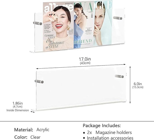 2 Pack Acrylic Magazine Holder,Clear Wall Mounted Magazine Rack Floating Bookshelf for Office,Living Room,Waiting Room Vinyl Record,Book Display Rack(Clear,17 Inch)