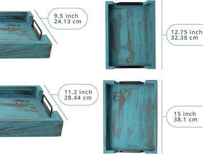 Comfify Rustic Wooden Serving Trays with Handle - Set of 2 - Large and Small Nesting Multipurpose Trays - for Breakfast, Coffee Table/Butler & More - Rustic Blue