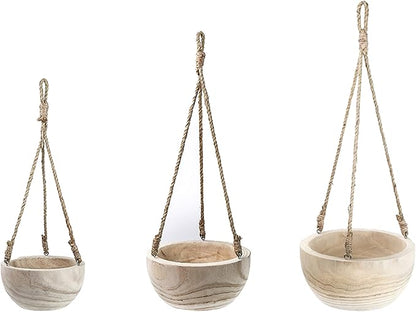 CYS EXCEL Small Wooden Hanging Planter Paulownia Wood Bowl Basket with Jute Rope for Indoor Plants Succulents