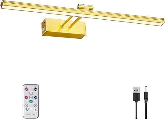 FUNCHDAY Picture Light,Battery Operated Picture Light for Wall,Wireless Remote Painting Light with Timer and Dimmable,16”Metal Art Light for Display,Wall,Artwork,Portrait,Gallery Gold-6000K