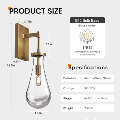 17" L Wall Sconces Set of 2, Morden Wall Lights Fixtures Bathroom Vanity Light Raindrop Wall Brass Sconce for Living Room,Bedroom,Hallway,Stairs,Indoor