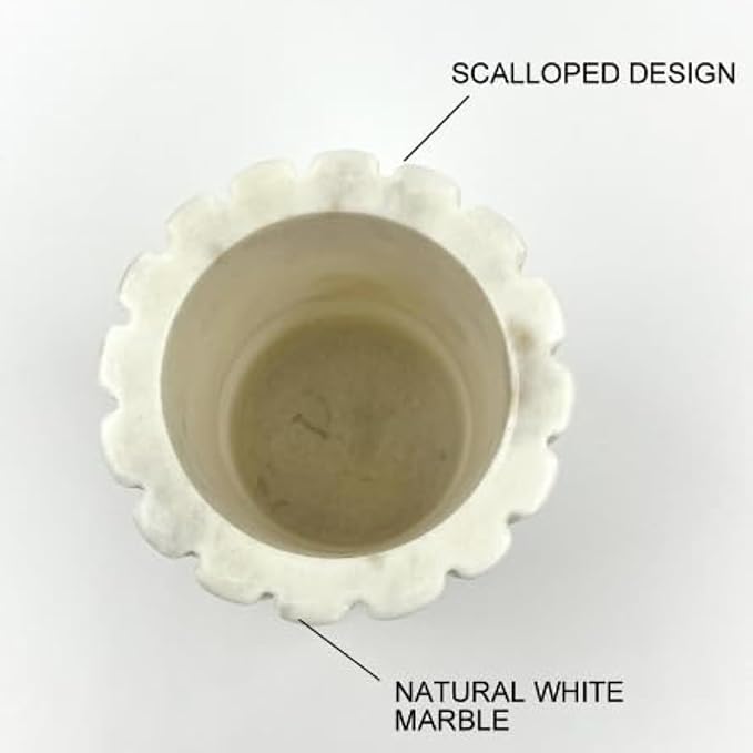 Décor Envogue Natural Scalloped White Marble SPA Collection Tumbler Toothbrush Holder Marble Pencil Pen Holder Stand for Desk, Makeup Brush Cup for Girls, Bathroom Tumbler Cup, Durable Office & Home