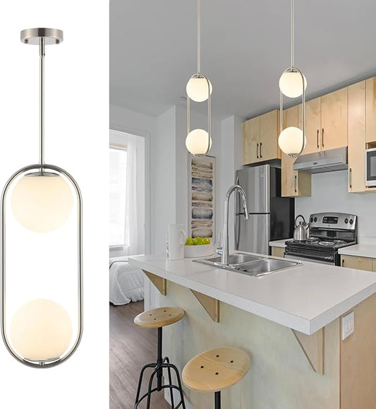Modern Globe Pendant Light 2-Lights Brushed Nickel Chandelier Mid Century Ceiling Hanging Lighting Fixture White Globe Glass Shades for Kitchen Island Dining Room Bedroom