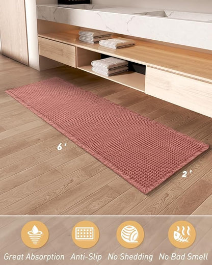 AMOAMI Upgraded Waffle Runner Rug Super Absorbent Non Slip Bath Mats for Bathroom Machine Washable Bathroom Runner Rug with Tassels, Ideal for Hallway Bedroom Laundry Room, Coral, 2'x 6'(24" x 72")