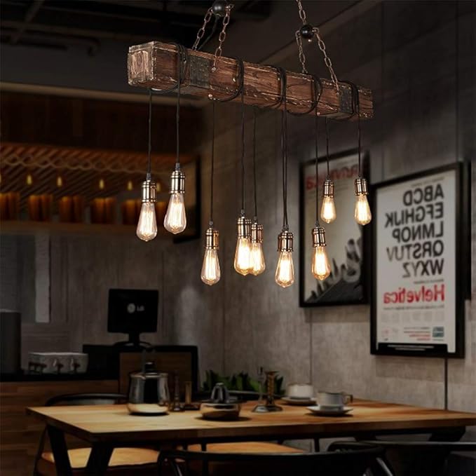 10-Lights Rustic Chandelier Wooden Retro Pendant Light Industrial Suspension Light Wood Chandelier -line can be Adjusted Freely