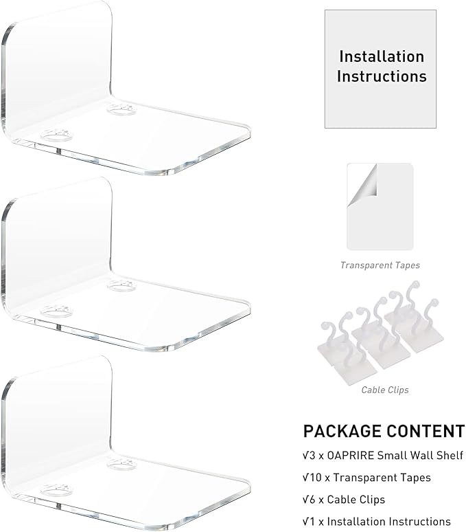 OAPRIRE Acrylic Floating Wall Shelves Set of 3 for Security Cameras, Baby Monitors, Speakers - Universal Small Wall Shelf with Cable Clips, 10-Piece Strong Tapes, No Drill (Clear)