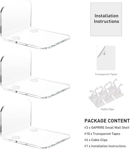 OAPRIRE Acrylic Floating Wall Shelves Set of 3 for Security Cameras, Baby Monitors, Speakers - Universal Small Wall Shelf with Cable Clips, 10-Piece Strong Tapes, No Drill (Clear)