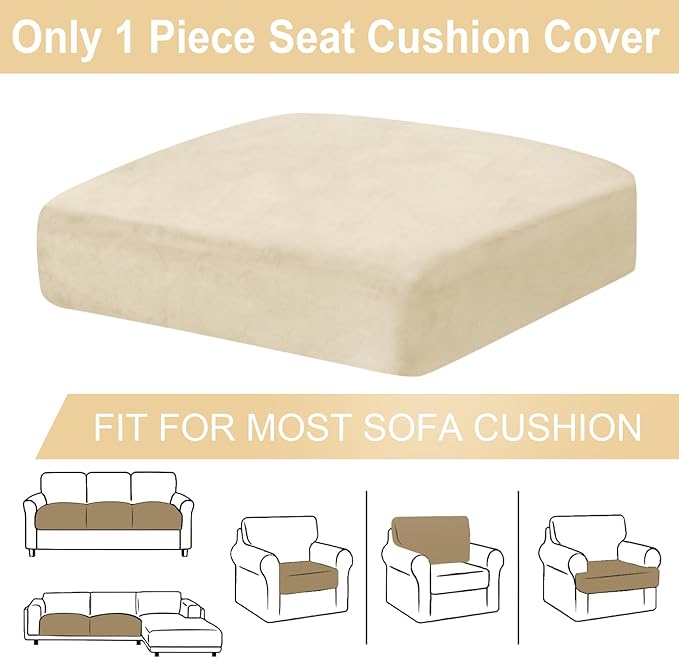 Couch Cushion Cover Velvet 1 Piece Seat Cushion Cover Stretch Armchair Cover Separate Sectional Sofa Slipcovers Furniture Protector (1-Seater or Sofa Backrest, Milk White)