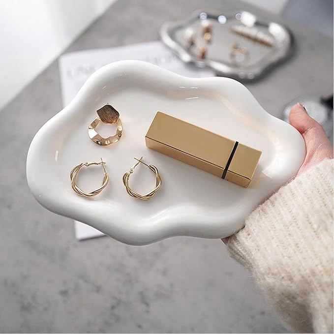 Small Jewelry Dish for Women, Gifts for Mom, Ceramic Jewlery Tray Ring Holder, Vanity Ring Dish Cute Cloud Tray, Nightstand Decor Trinket Bowl for Earrings, Perfume, Keys, White Jewelry Plate
