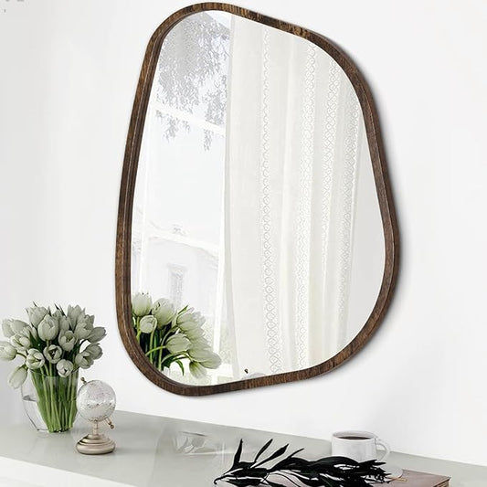 Asymmetrical Accent Mirror for Wall Irregular Oval Wood Frame Modern Unique Wall Mirror Decorative Boho Vanity Bathroom Living Room Bedroom Entryway Hallway Artistic Wavy Mirror Large 26"x18"
