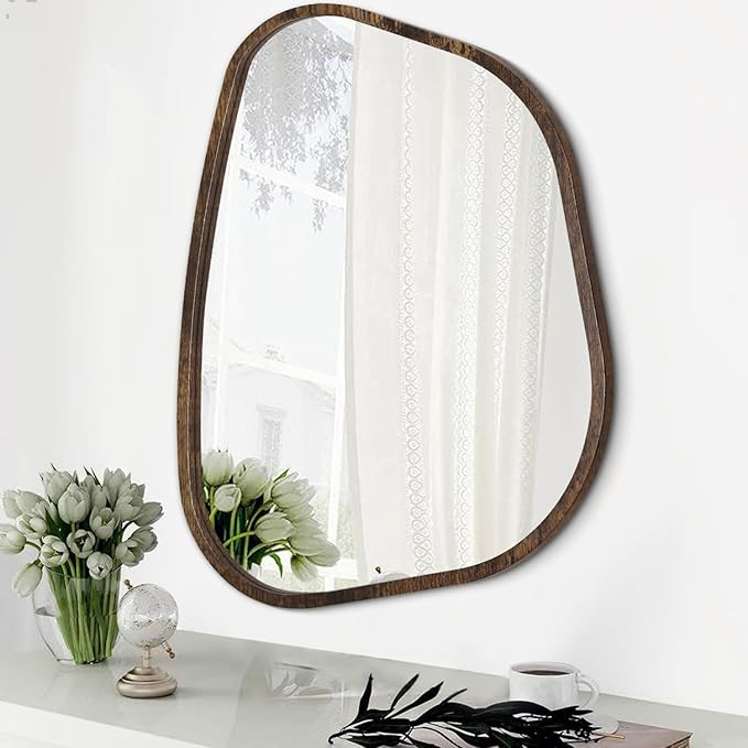 Asymmetrical Mirror Irregular Oval Wall Mirror Modern Wood Frame Unique Shape Wall Mounted Vanity Artistic Mirror Decorative for Living Room Bedroom Bathroom Entryway Hallway 20"x16"