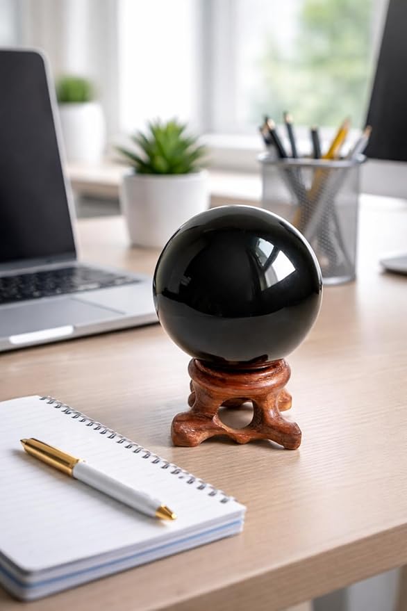Mina Heal Black Obsidian Crystal Ball for Meditation, Feng Shui, Crystal Healing, and Scrying – Authentic Natural Obsidian Sphere for Energy Work