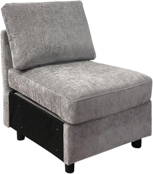 Middle Seat Module for Modular Sectional Couch Sofa, Living Room Accent Armless Sofa Chair with Storage & Pillow, Modern Side Sectional Middle Unit, Chenille Light Grey