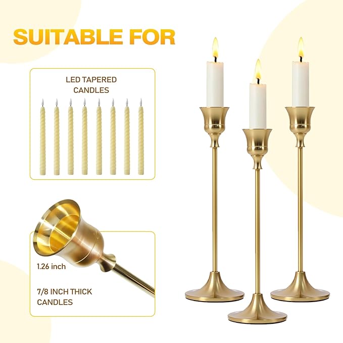 3-Piece Tapered Candleholder Set Brass-Finish Gold Column Candleholders Metal Vintage Decor Dining Table Centerpiece Wedding Mantelpiece Housewarming Gift