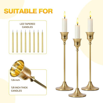 3-Piece Tapered Candleholder Set Brass-Finish Gold Column Candleholders Metal Vintage Decor Dining Table Centerpiece Wedding Mantelpiece Housewarming Gift