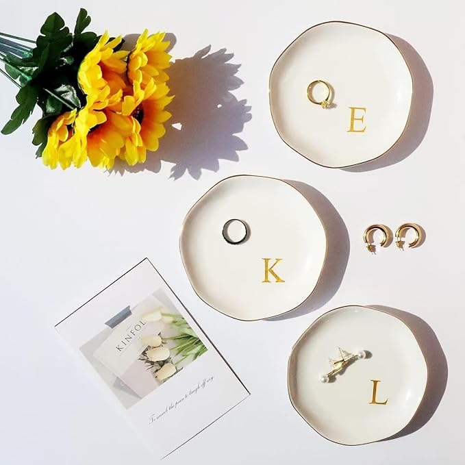 Ceramic Jewelry Tray Initial Ring Dish Personalized A-Monogrammed Engagement Wedding Gifts, for Birthday Mother's Day Christmas for Women, Ceramic White 4.75" (F)