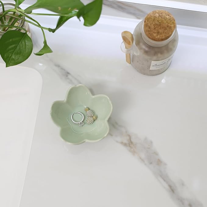 Flower Ring Dish Holder,Jewelry Dish Tray,Small Trinket Tray,Jewelry Plate Bowl,Key Bowl,Decorative Plate,Birtdhay Christmas Gifts for Women Friends,Ceramic Kiln effect Green