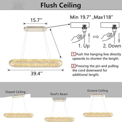 LED Ring Chandelier Oval Rings Pendant Lights for Dining Table Kitchen Island Remote Dimmable Hanging Light Chandeliers for Entryway Living Room Crystal Lighting Silver
