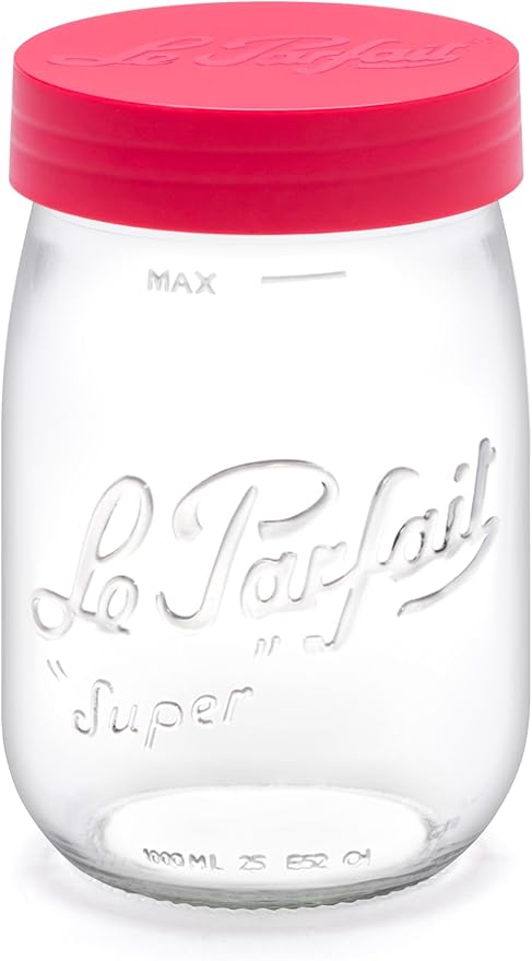 Le Parfait Screw Top Jar Wide Mouth French Glass Jar | Ideal for Food and Soup Storage, Canning, Flour, Brown Sugar, and other Baking Supplies (1L/32oz, Pack of 4, Raspberry)