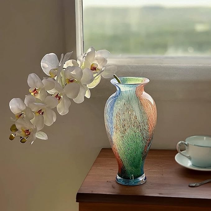 Hand Blown Glass Vase, 11.4" Tall, Murano-Style Art, Multicolor, Abstract, Oblong Shape, Perfect for Living Room, Bathroom, Wedding, Graduation, Mother's Day, Women