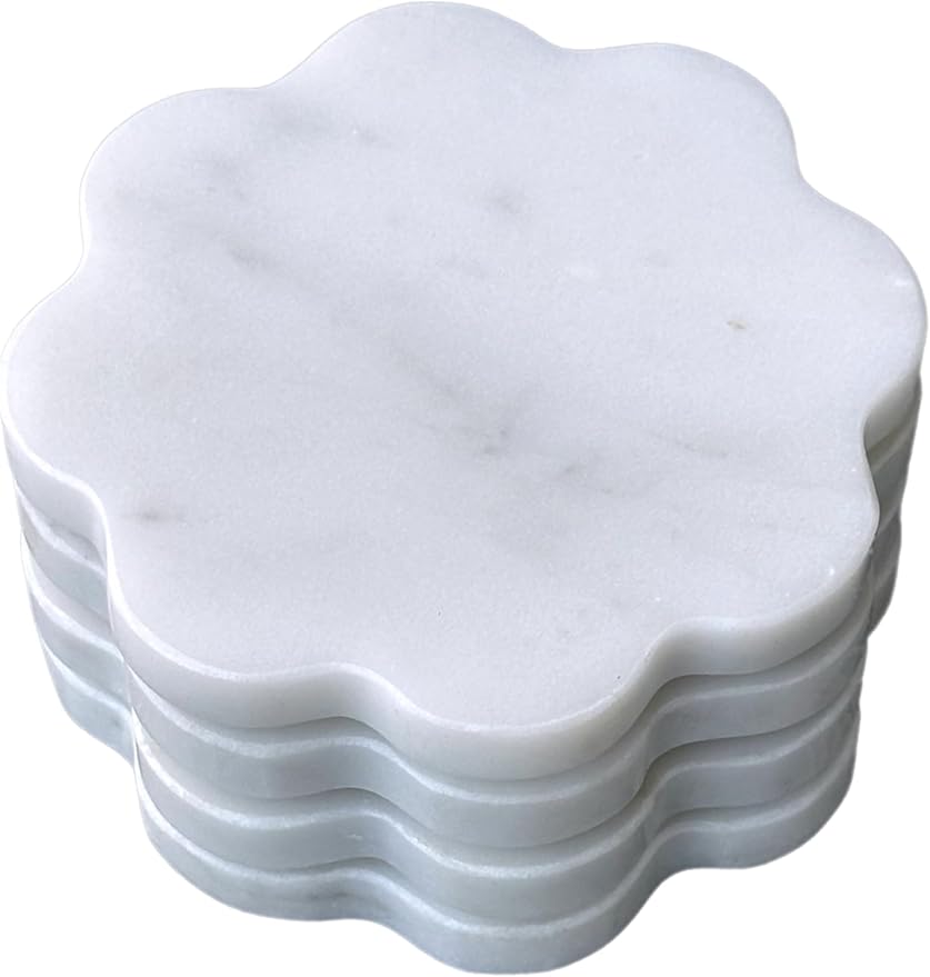 Marble Coasters Set of 4 - Natural Stone Coaster for Drinks, Modern Cup Holders, Bar Coffee Table Desk Decor, Cool Home Decor 4" (Calacatta White, Scalloped Round)