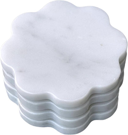 Marble Coasters Set of 4 - Natural Stone Coaster for Drinks, Modern Cup Holders, Bar Coffee Table Desk Decor, Cool Home Decor 4" (Calacatta White, Scalloped Round)