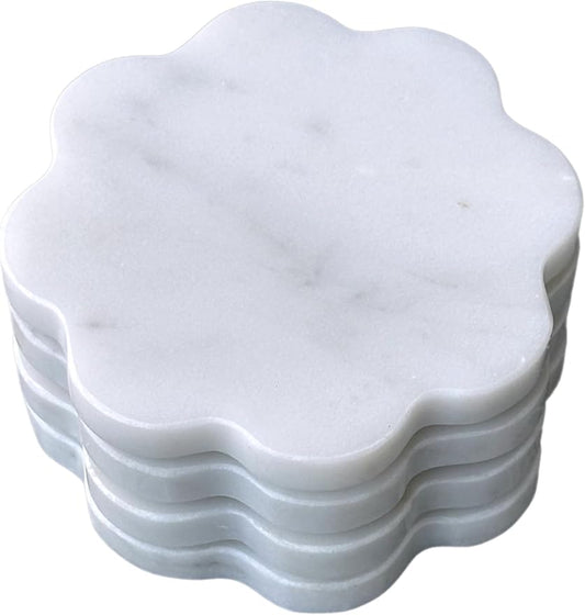 Marble Coasters Set of 4 - Natural Stone Coaster for Drinks, Modern Cup Holders, Bar Coffee Table Desk Decor, Cool Home Decor 4" (Calacatta White, Scalloped Round)