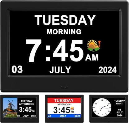 Alarm Clock with Day and Date for Elderly Digital Calendar Clock Photo Frame- Auto Dimmable Display 15 Alarm Options (7inch Black)