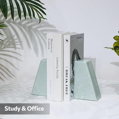 Luxury Marble Bookends for Shelves, 11LB Heavy Duty Marble Book Ends for Heavy Books, Stone Bookends Decorative, Polished, Light Green Triangular, Set of 2