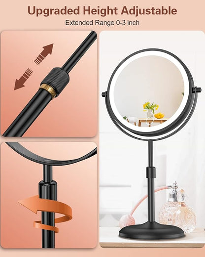 Benbilry Lighted Makeup Mirror with 10X Magnification & 3 Color Lights, Adjustable Brightness & Height, 7 Inch 360° Swivel Rechargeable LED Magnifying Make Up Vanity Mirror with Lighting (Black)